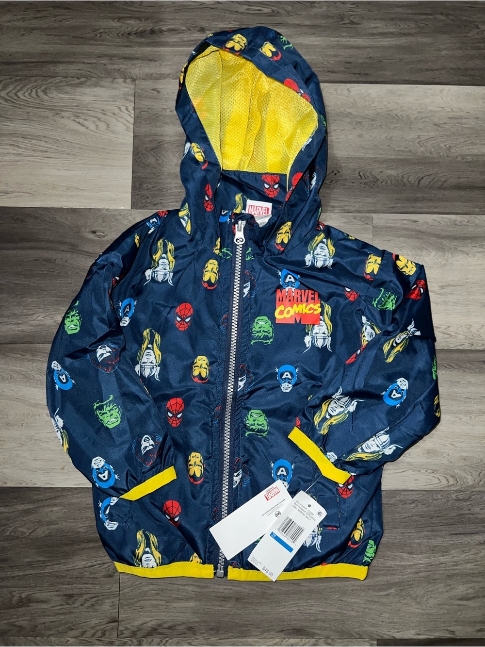 Marvel Navy Jacket with Yellow Hood & Superhero Faces